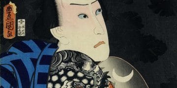 Kunisada (I), Utagawa, Koizumi Minokichi, Ebiya Rinnosuke, Acteur Kawarasaki Gonjurô I, getatoeëerd en met waaier, Tôsei sangokushi, Drie hedendaagse toonbeelden, 1860. Schenking van de heer H.J. Herwig en mevrouw A.H. Herwig-Kempers, 2018.