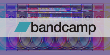 Bandcamp logo on top of a radio, edited in a way that there was a glitch. The result is that there are more radio's in the image. With added filters it is made colourful with the added colours of red, blue and green and mixes of that.