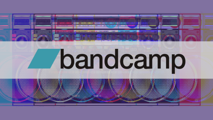 Bandcamp logo on top of a radio, edited in a way that there was a glitch. The result is that there are more radio's in the image. With added filters it is made colourful with the added colours of red, blue and green and mixes of that.