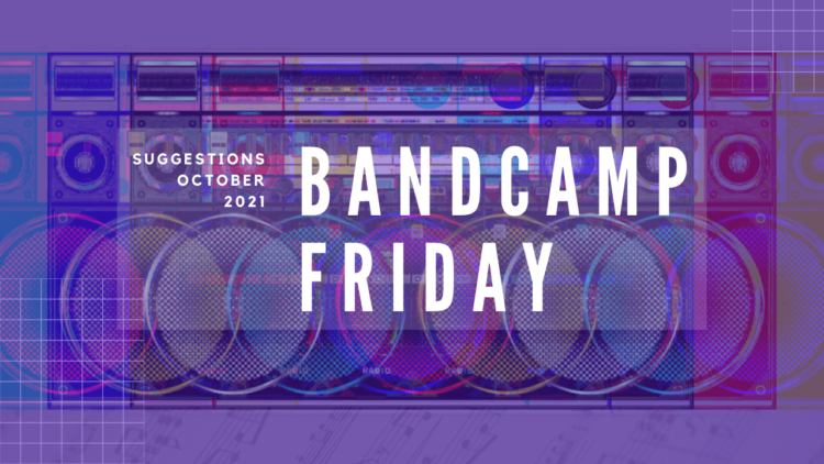 Text of "Bandcamp Friday" and "Suggestions October 2021" on top of a radio, edited in a way that there was a glitch. The result is that there are more radio's in the image. With added filters it is made colourful with the added colours of red, blue and green and mixes of that.
