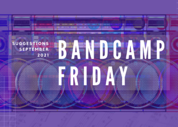 Text of "Bandcamp Friday" and "Suggestions September 2021" on top of a radio, edited in a way that there was a glitch. The result is that there are more radio's in the image. With added filters it is made colourful with the added colours of red, blue and green and mixes of that.