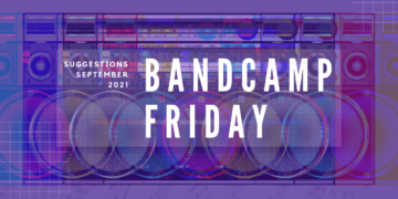 Text of "Bandcamp Friday" and "Suggestions September 2021" on top of a radio, edited in a way that there was a glitch. The result is that there are more radio's in the image. With added filters it is made colourful with the added colours of red, blue and green and mixes of that.
