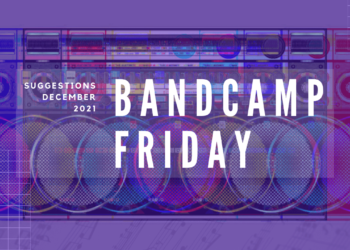 Text of "Bandcamp Friday" and "Suggestions December 2021" on top of a radio, edited in a way that there was a glitch. The result is that there are more radio's in the image. With added filters it is made colourful with the added colours of red, blue and green and mixes of that.