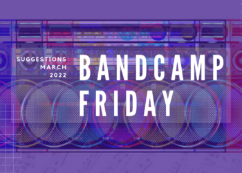 Text of "Bandcamp Friday" and "Suggestions March 2022" on top of a radio, edited in a way that there was a glitch. The result is that there are more radio's in the image. With added filters it is made colourful with the added colours of red, blue and green and mixes of that.