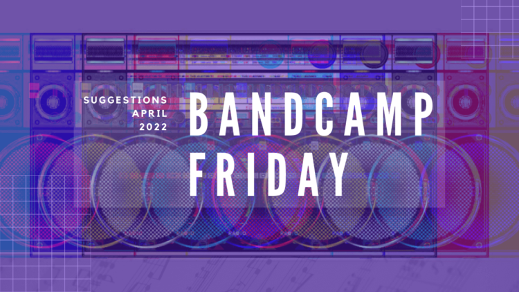 Text of "Bandcamp Friday" and "Suggestions April 2022" on top of a radio, edited in a way that there was a glitch. The result is that there are more radio's in the image. With added filters it is made colourful with the added colours of red, blue and green and mixes of that.