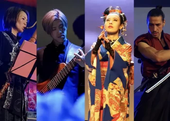 Collage of four members of Japone Artists in action - Ayumi Matsuda (recorder), Yusuke Morita (bass), Utako Arakawa (soporano/vocalist) and Aristos Dragon-Warrior (sword fighter/martial arts actor)
