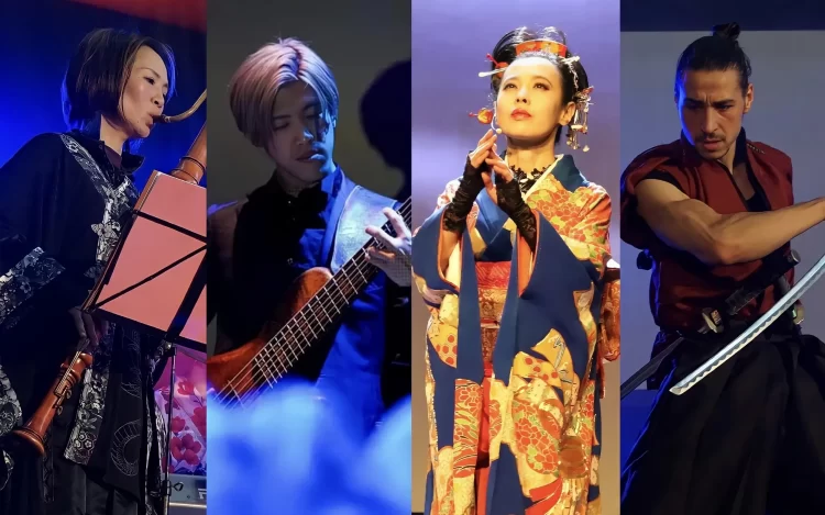 Collage of four members of Japone Artists in action - Ayumi Matsuda (recorder), Yusuke Morita (bass), Utako Arakawa (soporano/vocalist) and Aristos Dragon-Warrior (sword fighter/martial arts actor)
