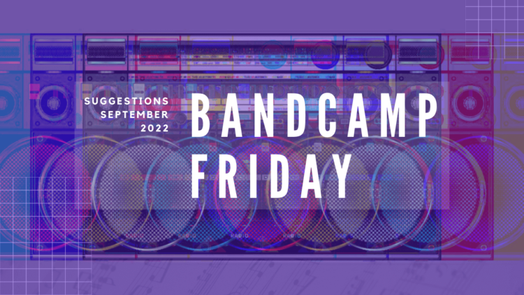 Text of "Bandcamp Friday" and "Suggestions September 2022" on top of a radio, edited in a way that there was a glitch. The result is that there are more radio's in the image. With added filters it is made colourful with the added colours of red, blue and green and mixes of that.