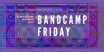Text of "Bandcamp Friday" and "Suggestions October 2022" on top of a radio, edited in a way that there was a glitch. The result is that there are more radio's in the image. With added filters it is made colourful with the added colours of red, blue and green and mixes of that.