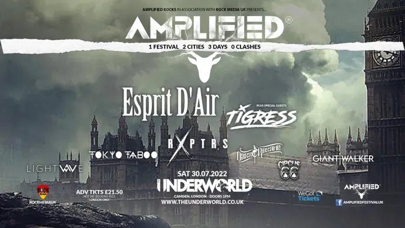 Amplified Festival flyer with the names of the bands performing - Esprit D'Air, Tigress, Circus 66, Giant Walker, LIGHTWAVE, Tokyo Taboo, Daxx & Roxanne, and R X P T R S.