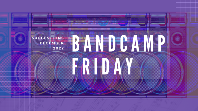Text of "Bandcamp Friday" and "Suggestions December 2022" on top of a radio, edited in a way that there was a glitch. The result is that there are more radio's in the image. With added filters it is made colourful with the added colours of red, blue and green and mixes of that.