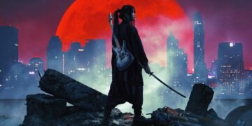 Close up of Kai with a samurai sword with a cyberpunk cityline on the background. For the promotion of "Shizuku