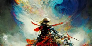 Album cover of MAJUSTICE's "Ancestral Recall". A colourful cover featuring a person reminiscent of a samurai in the centre surrounded by clouds. The album cover gives the impression of being painted with acrylic or oil.