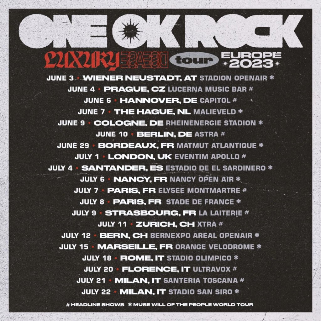 All tour dates of ONE OK ROCK in Europe, including the shows where they will support Muse.