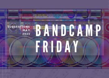 Text of "Bandcamp Friday" and "Suggestions May 2023" on top of a radio, edited in a way that there was a glitch. The result is that there are more radio's in the image. With added filters it is made colourful with the added colours of red, blue and green and mixes of that.
