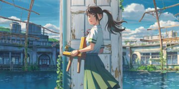 Suzume holds a small wooden chair and stands in front of a door.