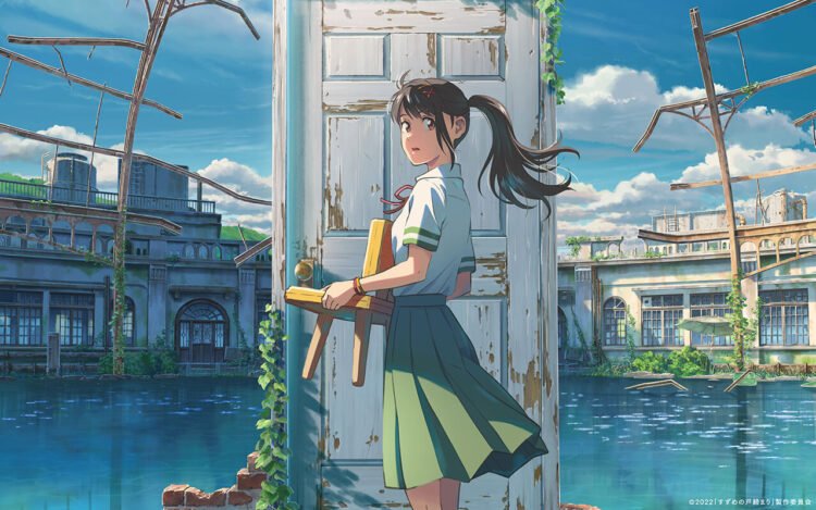 Suzume holds a small wooden chair and stands in front of a door.