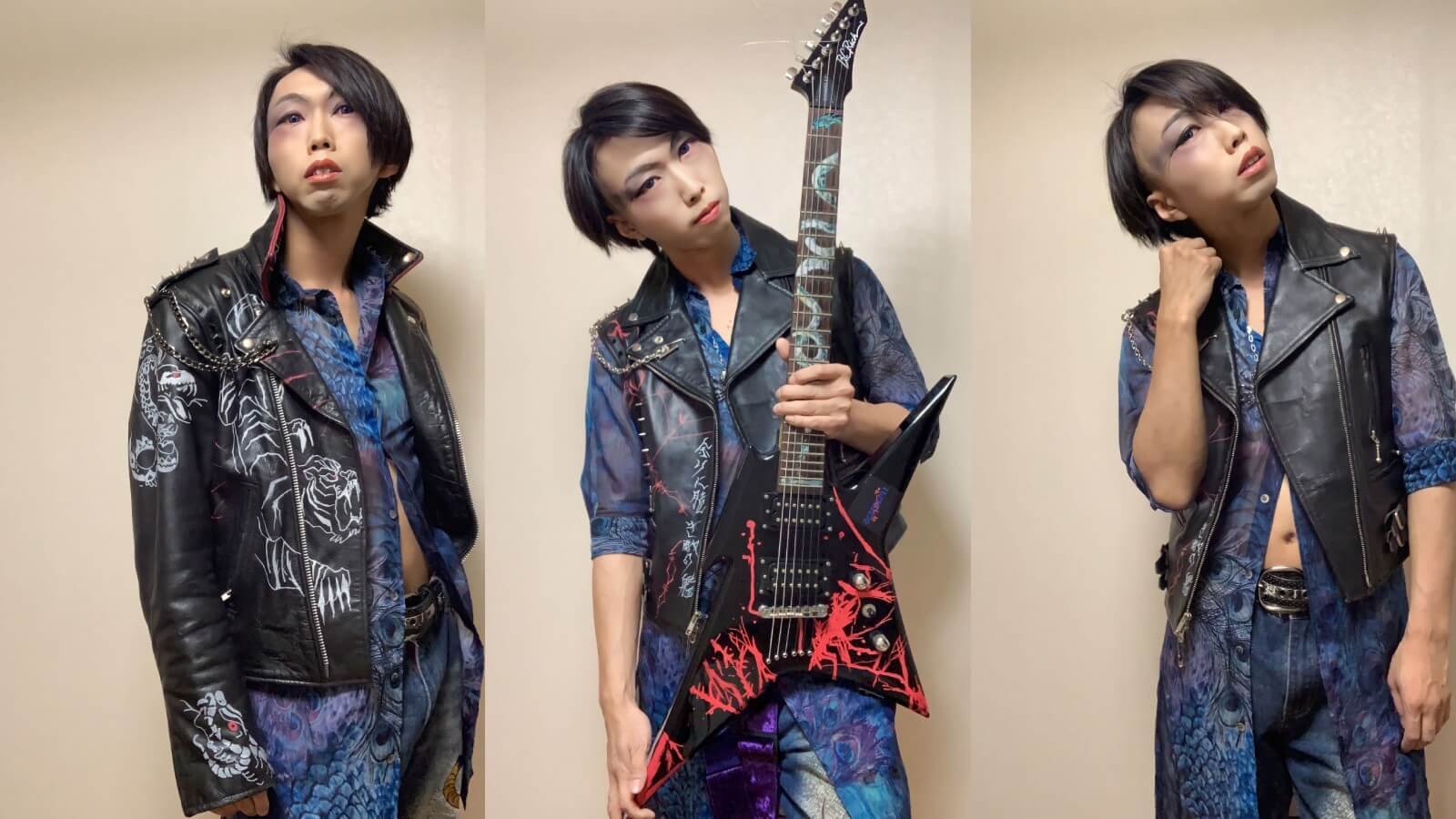 Three photos of DEATHROLL's Kazu with leather jackets and guitar posing in front of the camera.
