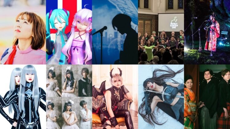 Collage of the highlighted performers at HYPER JAPAN Festival 2023: Naomi Suzuki, VOCAFEST UK & Ireland, R I N C H, Ready Singer One, Yuko Tsubame, FEMM, Colorpointe, Miura Ayme, Isiliel, Akari Mochizuki and DENSHONEN