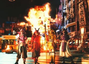 Still from Momoiro Clover Z's music video for "MONONOFU NIPPON". The four group members are standing on a dystopian version of Shibuya Scramble Crossing, dressed in armour reminiscent of samurai.