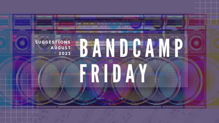 Text of "Bandcamp Friday" and "Suggestions August 2023" on top of a radio, edited in a way that there was a glitch. The result is that there are more radio's in the image. With added filters it is made colourful with the added colours of red, blue and green and mixes of that.