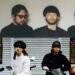 Collage of two band photos, on the top the one of Maya Ongaku and below Mong Tong. Both members of Mong Tong are standing near scooters while being blindfolded and the members of Maya Ongaku are dressed in black and the photo taken is a bit blurry.