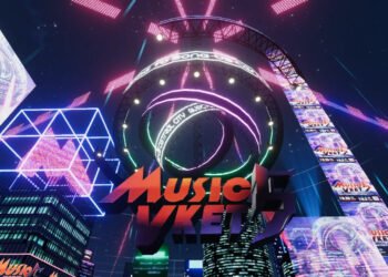 Promotional image of Music Vket 5 in VRChat with the logo and cyberpunk design