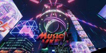 Promotional image of Music Vket 5 in VRChat with the logo set in a world with a cyberpunk design