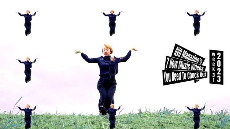 Still from the music video "Active Imagination" by THE MOLICE. Vocalist Rinko is dancing on a grassfield and that image has been multiplied on the screen.