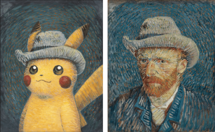 Left: Pikachu inspired by Self-Portrait with Grey Felt Hat, Naoyo Kimura (1960), The Pokémon Company International. Right: Self-Portrait with Grey Felt Hat, Vincent van Gogh, 1887, Van Gogh Museum, Amsterdam (Vincent van Gogh Foundation)