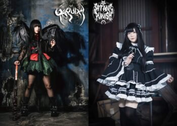 Collage of promotional photos of GARUDA and Satanic Punish, on the left is Yuffie aka GARUDA dressed in a gothic-style dress and wings leaning on a baseball bat decorated with spikes. She also holds a long-beaked mask in her hands towards her face as if she were about to put it on. On the right is ManaManomu dressed in a gothic lolita dress and long hair in twintails.