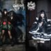 Collage of promotional photos of GARUDA and Satanic Punish, on the left is Yuffie aka GARUDA dressed in a gothic-style dress and wings leaning on a baseball bat decorated with spikes. On the right is Manomu Mana dressed in a gothic lolita dress. Both musicians have their hair styled in long braids that hang down to their waists.