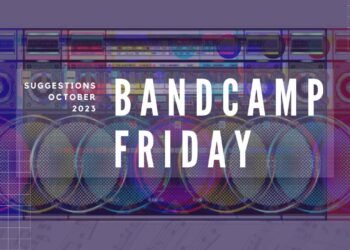 Text of "Bandcamp Friday" and "Suggestions October 2023" on top of a radio, edited in a way that there was a glitch. The result is that there are more radio's in the image. With added filters it is made colourful with the added colours of red, blue and green and mixes of that.