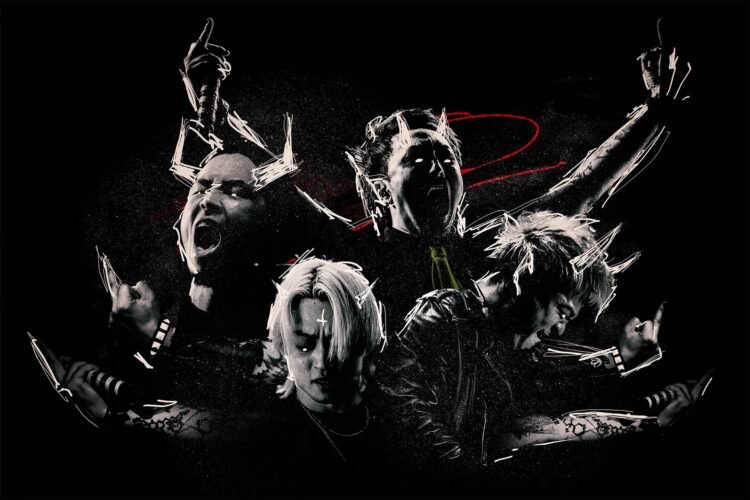 A almost monochrome photo of the four members of reggae punk band SiM, there are some things drawn on the band members, such as horns. In addition, some members show emotion in the form of screams or a smile.