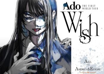 The image is a promotional poster for Ado's first world tour called "Wish" featuring a drawing of a woman with long black hair, her tongue sticking out of her mouth, dressed in a black suit with blue tints added to it which seems to be the same shade of blue that is used in the rose in Ado's logo. The woman holds her right hand up, but is also surrounded by several hands. On the right side of the poster, the words "Asia America & Europe" are placed, indicating the regions included in the tour. The bottom of the poster includes the text "Powered by Crunchyroll".