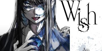 The image is a promotional poster for Ado's first world tour called "Wish" featuring a drawing of a woman with long black hair, her tongue sticking out of her mouth, dressed in a black suit with blue tints added to it which seems to be the same shade of blue that is used in the rose in Ado's logo. The woman holds her right hand up, but is also surrounded by several hands. On the right side of the poster, the words "Asia America & Europe" are placed, indicating the regions included in the tour. The bottom of the poster includes the text "Powered by Crunchyroll".