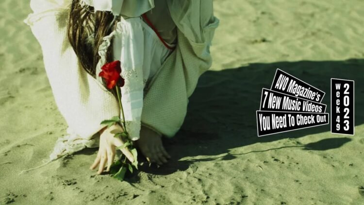 Still from the music video "scream" by the band ペッテルズ (Pettels). The vocalist and guitarist of Pettels is at a beach and is dressed in a white dress and a cardigan, and plants a red rose into the ground. The still is mirrored.