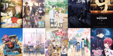 Anime key visuals from: Sand Land: The Series, Hananoi-kun to Koi no Yamai (花野井くんと恋の病), Yoru no Kurage wa Oyogenai (夜のクラゲは泳げない), Jiisan Baasan Wakagaeru (じいさんばあさん若返る), Tensei Kizoku, Kantei Skill de Nariagaru (転生貴族、鑑定スキルで成り上がる), Tadaima, Okaeri (ただいま、おかえり), Kuroshitsuji: Kishuku Gakkou-hen (黒執事 寄宿学校編), Bartender: Kami no Glass (バーテンダー 神のグラス), Sasayaku you ni koi wo utau (ささやくように恋を唄う), and Vampire Dormitory (ヴァンパイア男子寮).