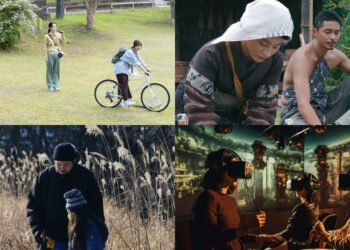 The image is a collage of three scenes from Japanese films that are shown during CinemAsia 2024: "Remembering Every Night", "September 1923", and "Evil Does Not Exist". The fourth photo includes people wearing virtual reality headsets.