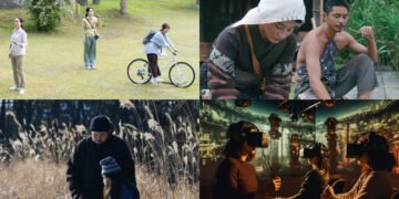 The image is a collage of three scenes from Japanese films that are shown during CinemAsia 2024: "Remembering Every Night", "September 1923", and "Evil Does Not Exist". The fourth photo includes people wearing virtual reality headsets.