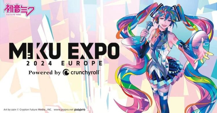 The image showcases Hatsune Miku, a character with distinctive, long rainbow-colored hair styled in ponytails and tied with ribbons. She is dressed in a colourful outfit with vibrant details and holds a microphone. | Art by zain @ Crypton Future Media, INC. www.piapro.net piapro