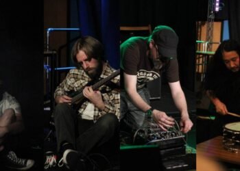 The image features a photo collage of musicians in the midst of a performance. In total four musicians are present in this collage, all different performers and equipped with a variety of instruments, think of a guitar, a mixing board and a drum. From left to right: BGGB, Si Paton, Steckdose and Ryosuke Kiyasu. Photos by Peter Dennis.