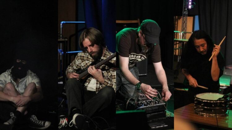 The image features a photo collage of musicians in the midst of a performance. In total four musicians are present in this collage, all different performers and equipped with a variety of instruments, think of a guitar, a mixing board and a drum. From left to right: BGGB, Si Paton, Steckdose and Ryosuke Kiyasu. Photos by Peter Dennis.