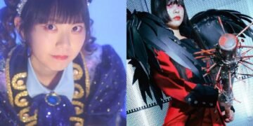 On the right is the solo photo of Yurapico who is dressed in an elaborate blue dress with golden ornaments and a tiara. This outfit was seen for the first time in December 2023 for Yurapico's 10th anniversary show. On the left is GARUDA dressed in a red and black costume, with her signature wings and spiky baseball bat. The costume is done by ☆YUKA☆ and the photo is taken by Izumi Kurahayashi.