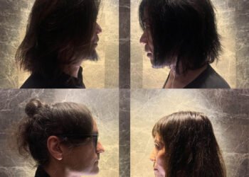The photo features the members of MONO facing each other with their profiles highlighted against a background that suggests an intimate atmosphere. They are depicted in such a manner that creates the illusion of being mirror images of one another, yet distinct individuals.