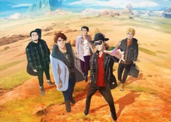 The image is an anime-style illustration featuring the five members of FLOW in an open, desert-like landscape with a mountain range in the background. The members of FLOW are drawn in an anime style, which is fitting as their world tour is titled "Anime Shibari". FLOW © AMUSE INC.