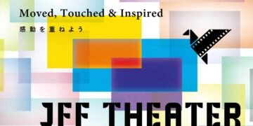 JFF Theater logo with colourful rectangles (to be seen as emotional layers) and the slogan "Moved, Touched & Inspired).
