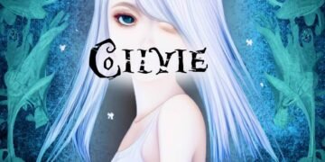 Cover for "EVERYTHING". The image features a portrait of a drawn girl with white hair and blue eyes. She is wearing a white tank top, and her expression is neutral with her mouth obscured by the band logo of Cilvie. The background is dark blue, adorned with green branches and leaves in an artistic pattern.