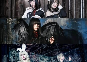 The image is a collage composed of three promotional photos from the artists Satanic Punish, GARUDA and Diablevoix. The top photo is a photo of Satanic Punish, currently consisting of 2 members and both dressed in gothic lolita dresses. In the middle photo consists of Yuffie aka GARUDA dressed in a gothic-style dress and wings leaning on a baseball bat decorated with spikes (not seen in this collage). On the bottom photo is Diablevoix in group format with vocalist Haluka at the front dressed in a white dress outfit and bunny ears.