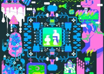 Jacket for La bit Pluie's digital single Peu de Sucre. The jacket has a dark background and colourful pixel art imagery with neon hues of blue, pink and green colours. In the centre is a bunny and the mascot of La bit Pluie with a bunny hat. On the right is a dragon and on the right is a fork that wants to poke into what looks like a melting cake, vines and on the bottom looks like a digital screen of a gaming scene and a palace.